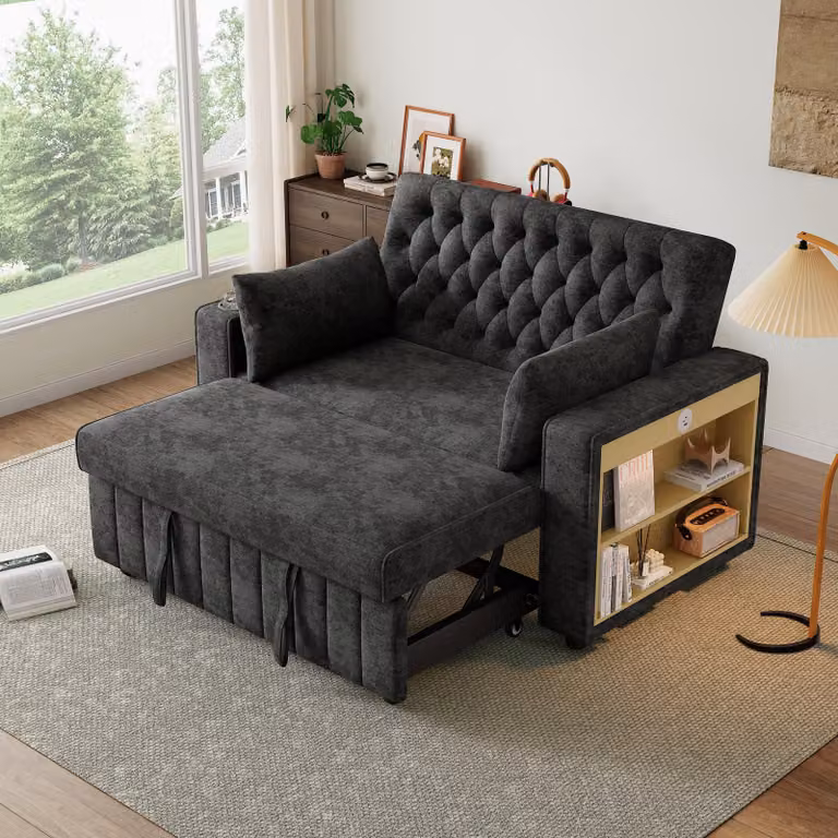 Divano letto Merax a 2 posti con funzione sleep, 2 cuscini, USB, Type-C, portabicchieri, ripiano laterale, schienale regolabile, divano letto in ciniglia, grigio