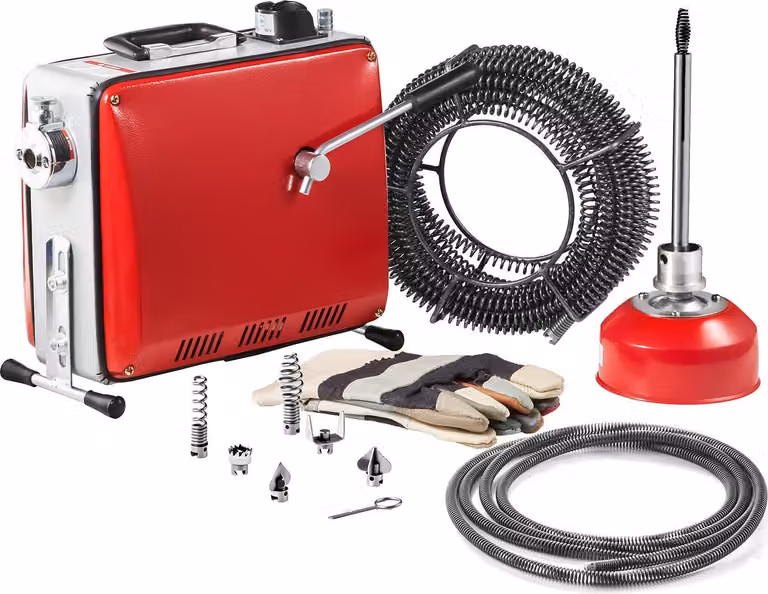 Macchina elettrica per la pulizia dei tubi - Spurgo - Potenza 390 W e 1400 giri/minuto - Bobine 12 m Ø16 mm + 8 m Ø9,5 mm - Molla 4,5 m x 16 mm - Teste di taglio x6 - Tubi 50-110 mm