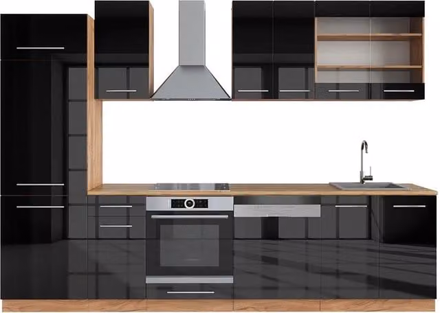 Cucina componibile Fame-Line Vicco in antracite lucido e rovere dorato, L: 300 cm – 1