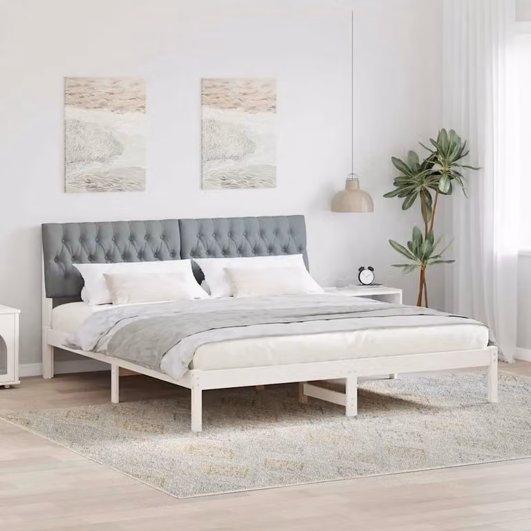 Letto moderno vidaXL con testiera rivestita in tessuto e struttura in legno di pino, Bianco, 180 x 200 cm