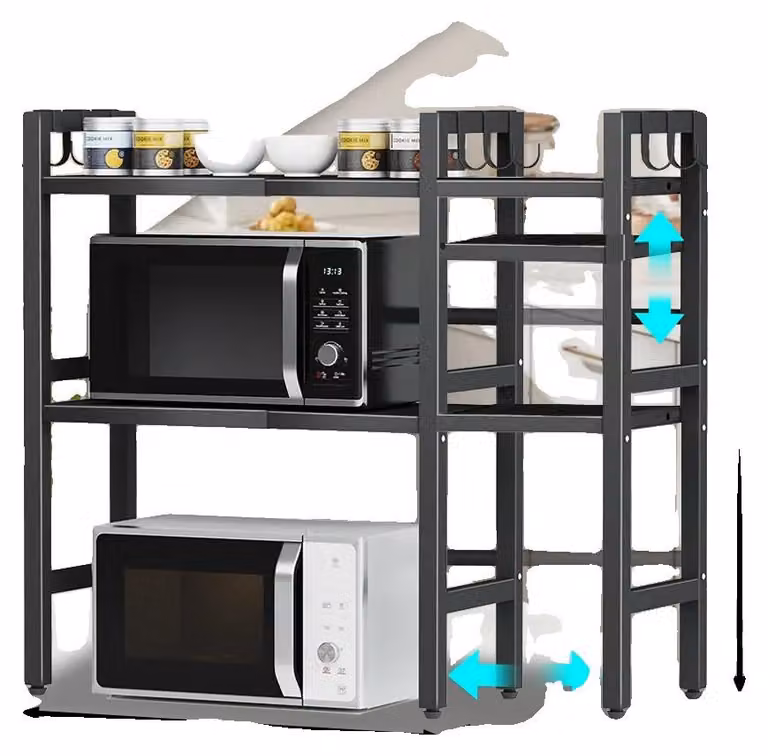 Ripiano per microonde, regolabile in altezza, design salvaspazio, nero, con 3 livelli