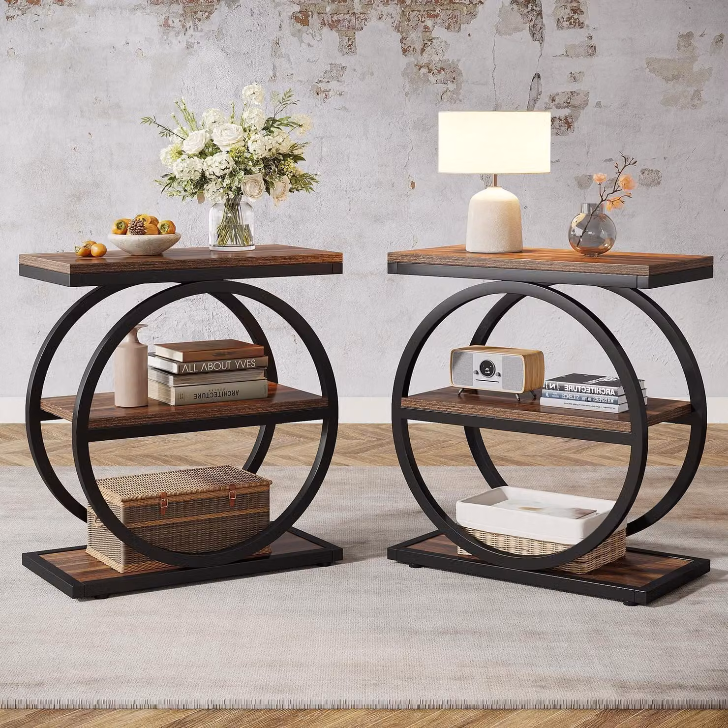 Set di 2 tavolini laterali, tavolino stretto con 3 ripiani, stile industriale, color marrone