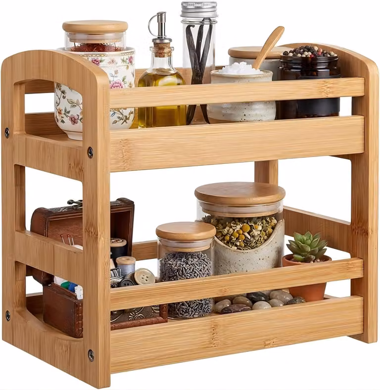Scaffale portaoggetti in bambù con 2 ripiani - Scaffale compatto per cucina e bagno - SZKKQKJ665