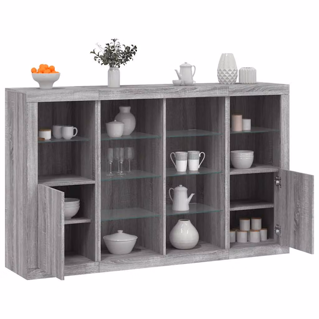 Set di 3 credenze moderne vidaXL con luci LED integrate in legno multistrato, colore grigio sonoma – 1