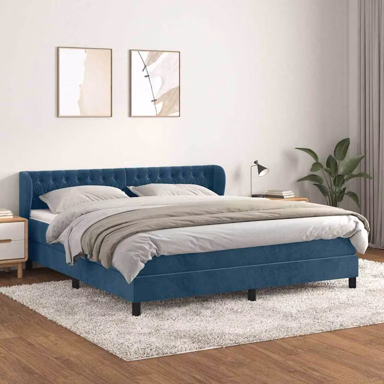 vidaXL Giroletto a Molle con Materasso Ibrido in Velluto Blu Scuro e Bianco, L/P: 160 x 200 cm