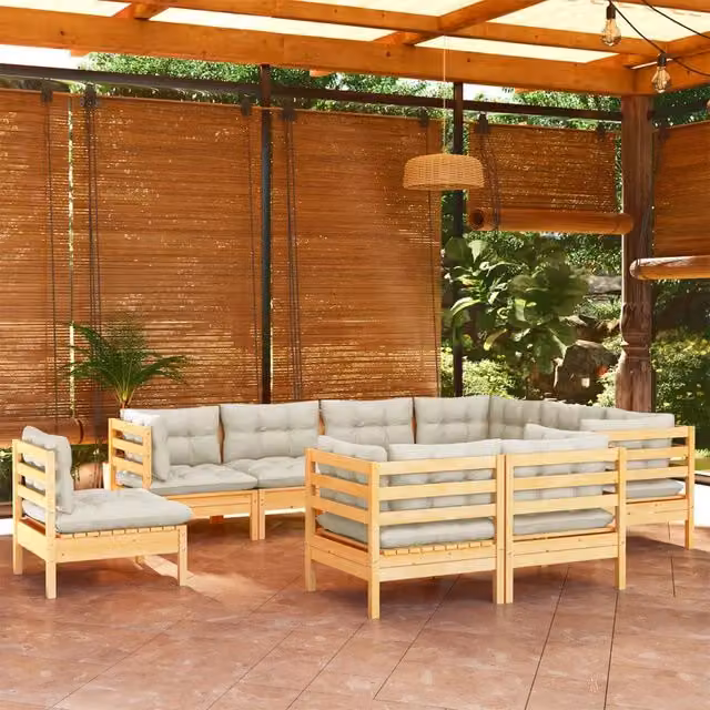 Set di divani da giardino a L vidaXL in legno di pino massello con cuscini beige, 9 pezzi