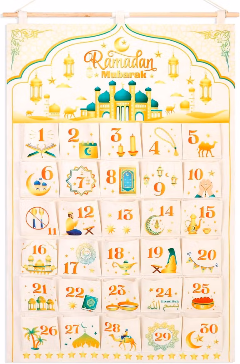 Calendario dell'Avvento - Calendario dell'Avvento in tessuto riutilizzabile Mubarak con 30 tasche, ideale per contare i giorni che mancano, da appendere. Decorazioni per la casa per l'Eid, colore bianco e oro