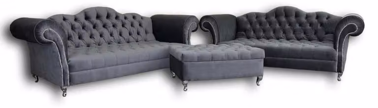 Chesterfield Designer Sofagarnitur 4+3 Hocker Couch Textil Sitz Polster Garnitur