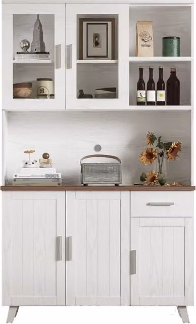Credenza per Soggiorno e Sala da Pranzo con 5 Ante, 1 Cassetto e 2 Vani Aperti, Ante in Vetro e Chiusura Soft-Close, Bianco e Marrone, L/P/H: 114 x 40 x 190 cm