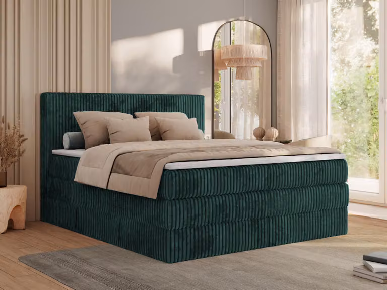 Letto continentale TILIANO KING materasso a sacco a due strati 140x200 Hard (H4), Topper Comfort foam, Verde scuro - tessuto a coste