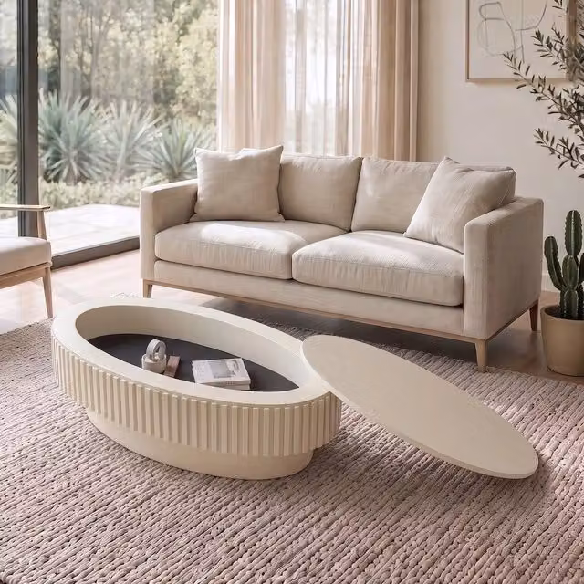 Tavolino da caff¨¨ ovale con spazio contenuto nascosto ¨C Minimal ¨C crema, impiallacciatura legno massello, 98cm