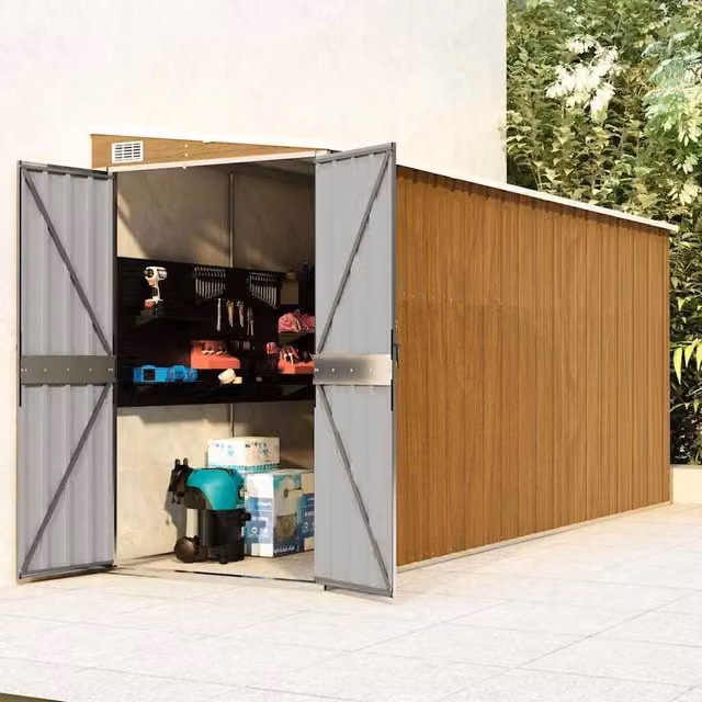 Casetta Giardino Muro Marrone 118x382x178cm Acciaio Zincato Resistente per Esterno