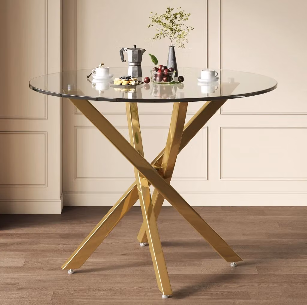 Tavolo da pranzo rotondo MODFU in vetro temperato trasparente con gambe in metallo dorate, design moderno, Diametro: 80 cm – 2