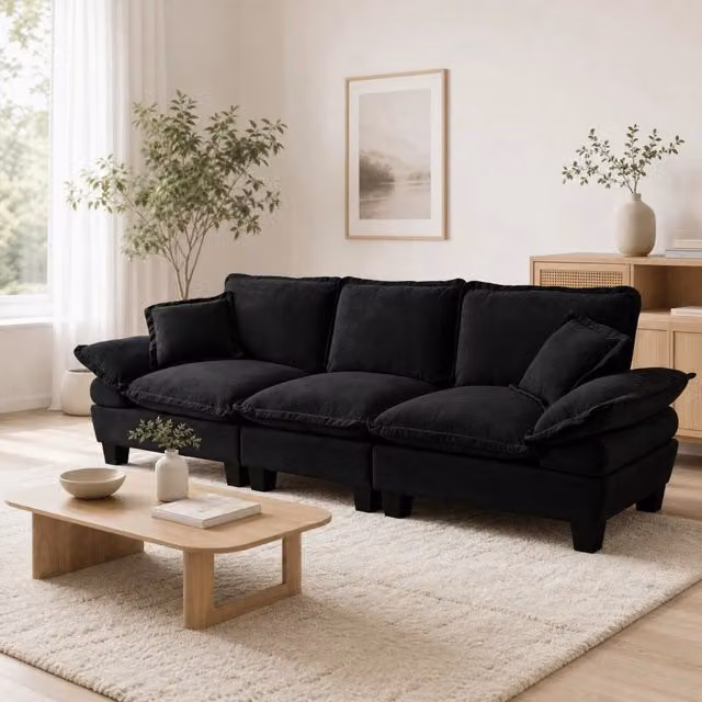 Divano a 3 posti MIVRAY moderno in tessuto nero con struttura in legno e coperture rimovibili per soggiorno o ufficio in casa