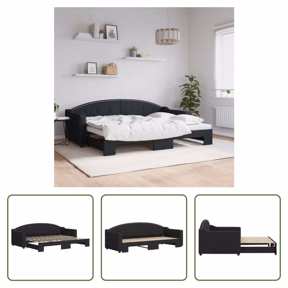 The Living Store letto da giorno allungabile nero 80x200 cm in tessuto