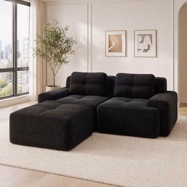 Divano modulare in velluto a coste con base antiscivolo; 204×177×69 cm; nero