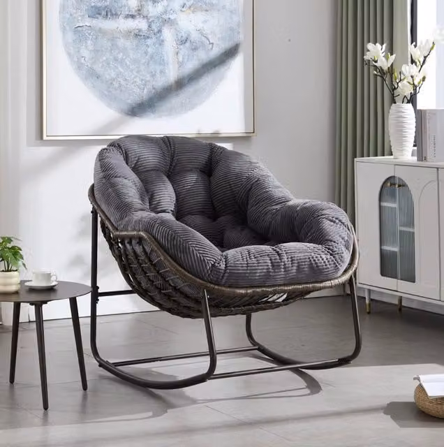 Sedia a dondolo da esterno in rattan sintetico intrecciato a mano 78x106x90 cm; grigio