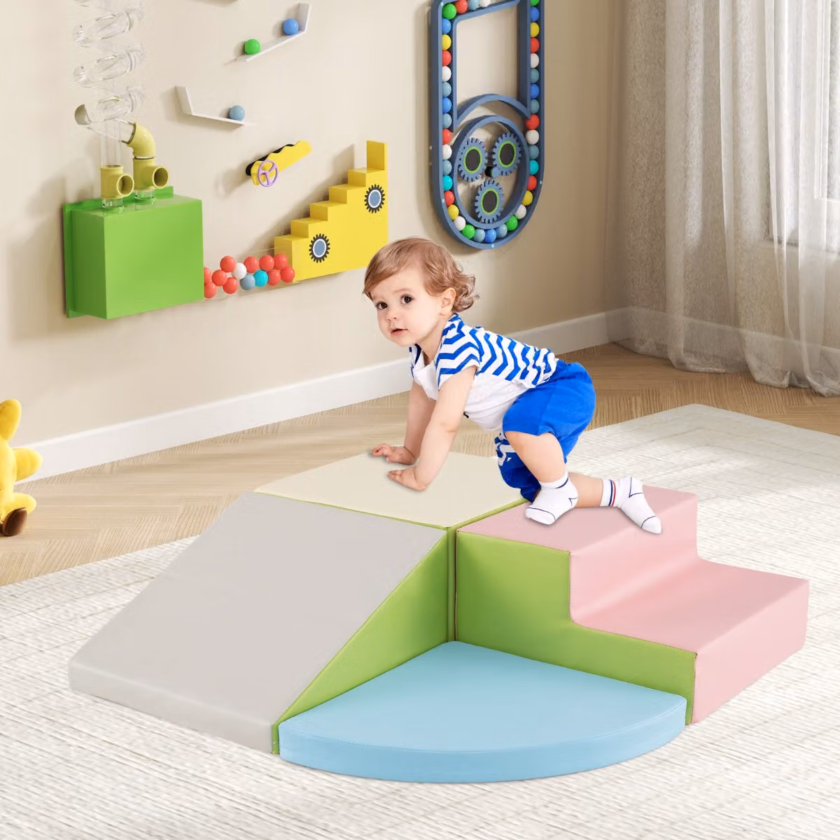 Costway Set di blocchi morbidi in schiuma con velcro per arrampicarsi e gattonare per bambini, Azzurro e Multicolore