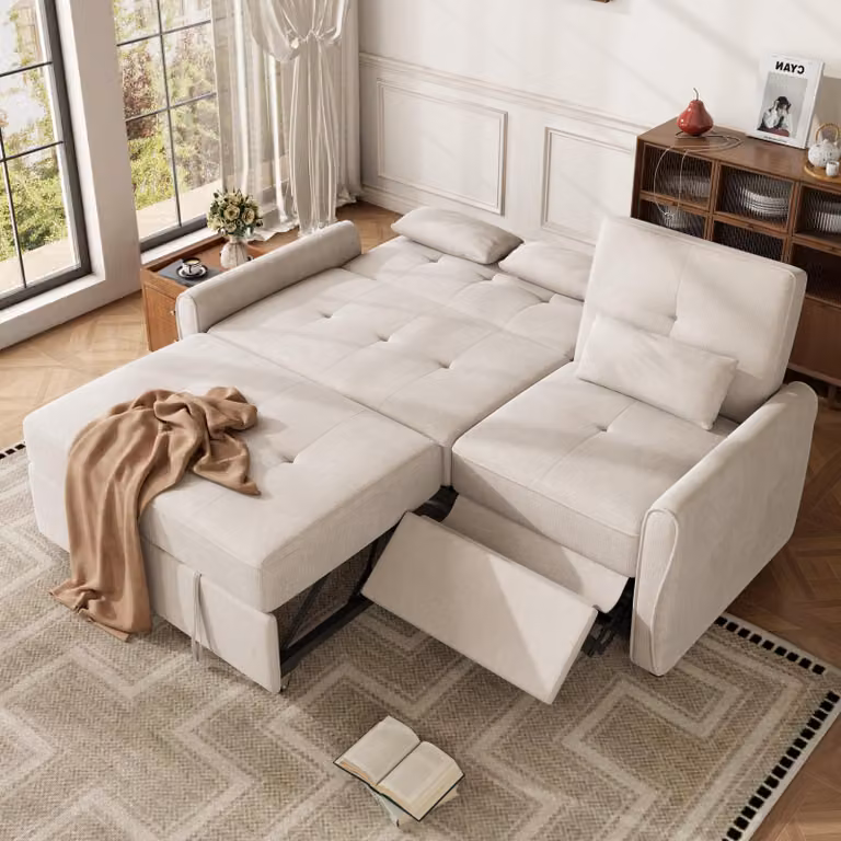 Divano MODFU a 3 posti in velluto, divano angolare modulare 3-in-1 con funzione letto, divano relax con schienale regolabile in 3 posizioni, color beige