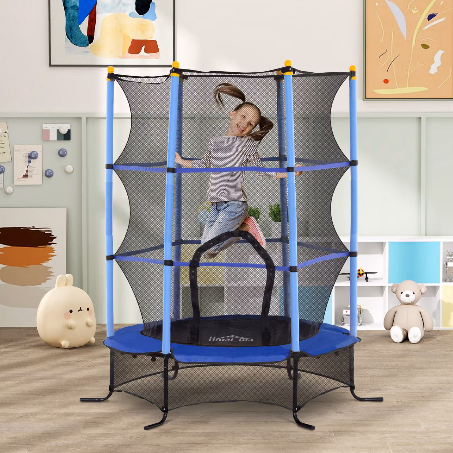 Trampolino Elastico Mini per Bambini HOMCOM con Rete di Sicurezza e Pali Imbottiti, Blu, Ø 160 cm, H 190 cm – 2