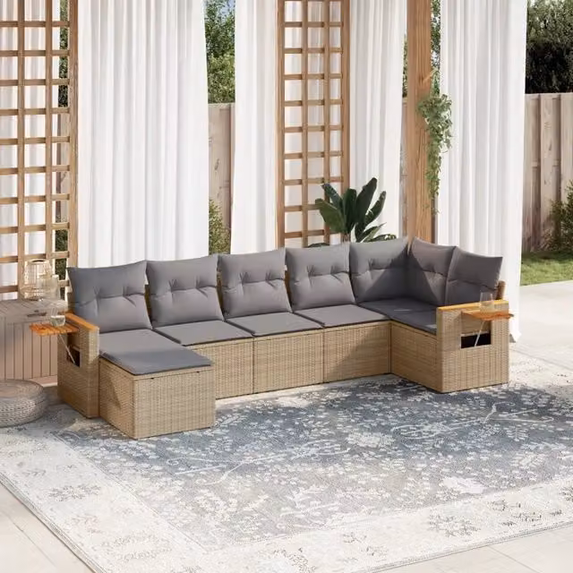 Set Divani da Giardino 7 pz con Cuscini Beige in Polyrattan 3259434