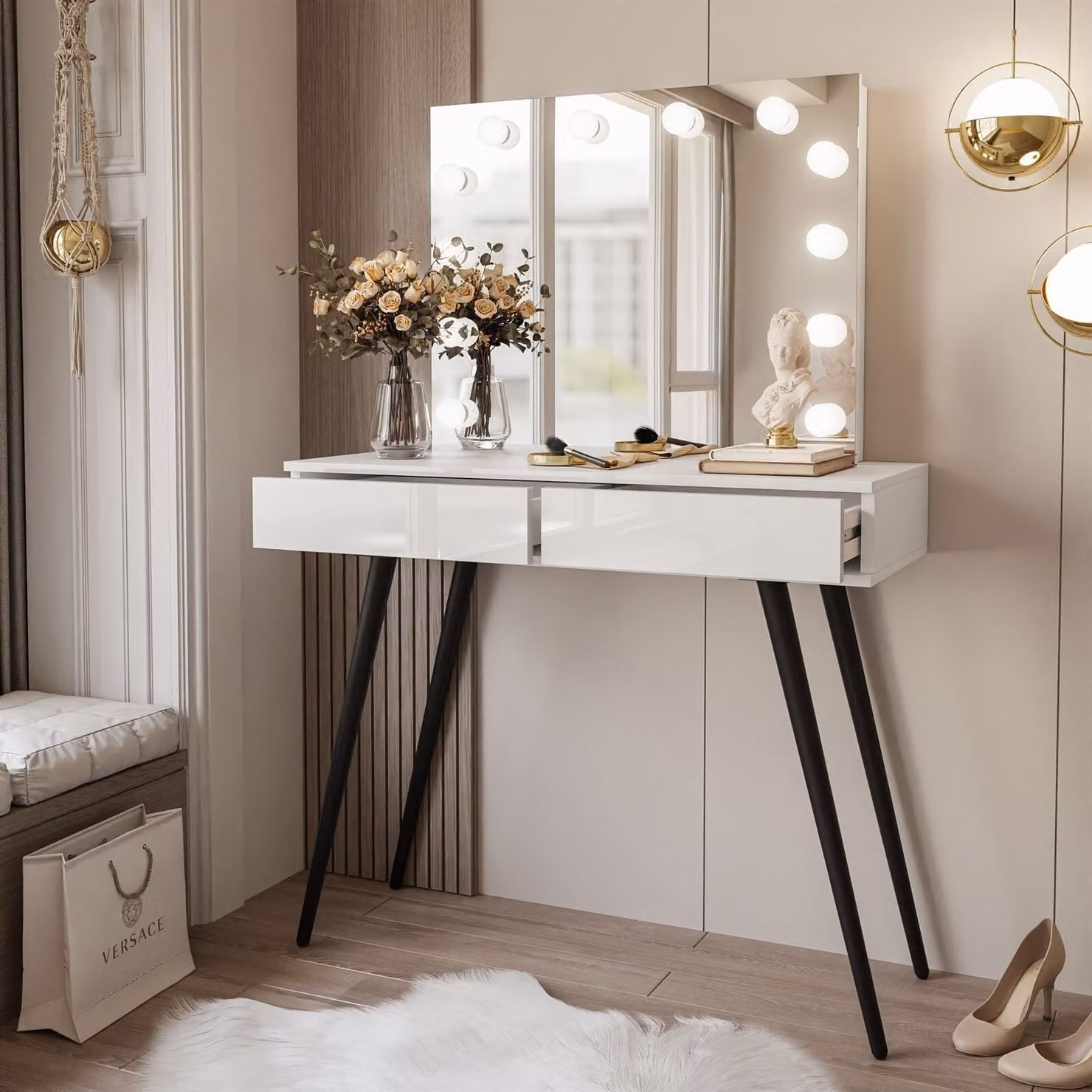 SIENNA LOFT ELITE Tavolo da trucco con specchio, nero/bianco lucido, sistema push-to-open