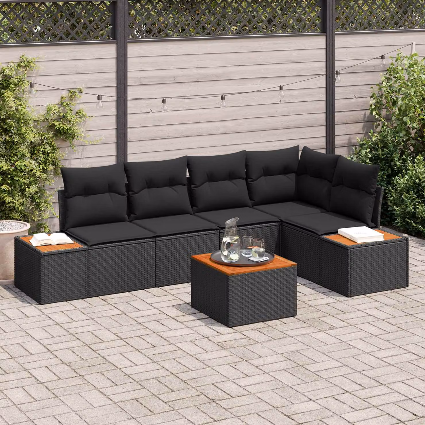 Set Divano da Giardino vidaXL a Forma di L con Tavolino e Cuscini, 5 Posti, Nero – 1