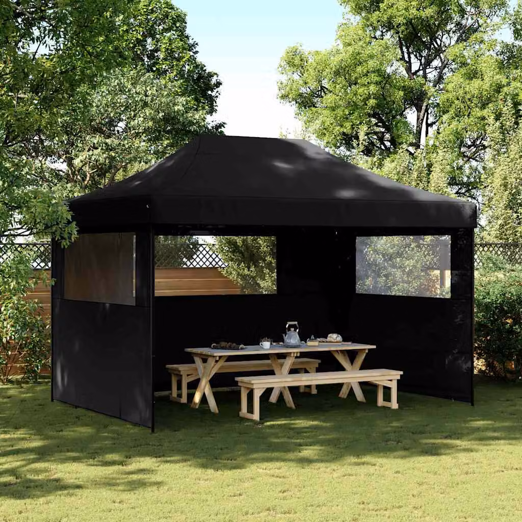Tendone per feste pieghevole pop-up vidaXL con 3 pareti nero e trasparente in poliestere e acciaio L/P/H: 410 x 315 x 279 cm