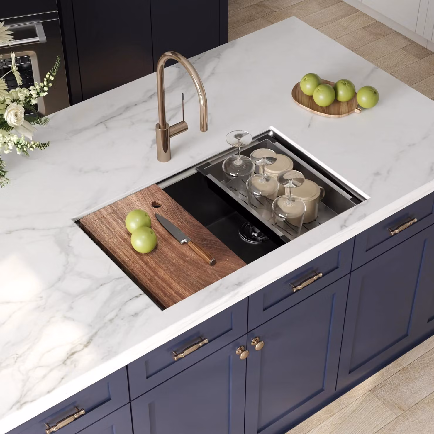 Lavello da cucina - Modello DV-EU1K0330 - 76 x 48 x 25 cm - Acciaio inossidabile 304 - Vasca singola - Un foro per il rubinetto - Senza rubinetto - Con tagliere e scolapiatti
