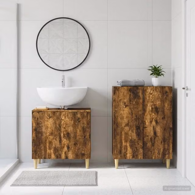 Set di mobili da bagno moderno vidaXL composto da mobile lavabo e mobile contenitore in legno Rovere Fumo marrone L/P/H: 80,0 x 59,5 x 31,5 cm e 59,5 x 29,08 x 34 cm