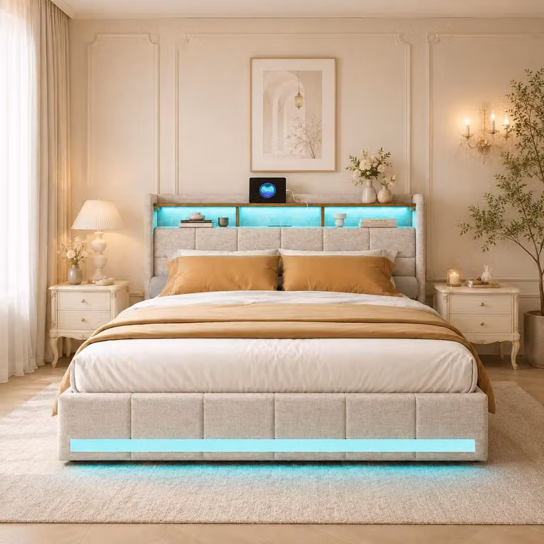 Letto imbottito INONEFT, 180x200 cm, con illuminazione LED e prese USB, letto matrimoniale per ragazzi con 4 cassetti e 3 vani portaoggetti, tessuto in lino, color beige