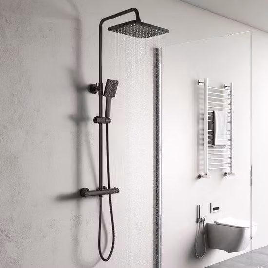Uniqoos® Elegante sistema doccia nero – soffione a pioggia regolabile in altezza da 800 a 1200 mm, termostatico a 38 °C, soffione e doccetta orientabili a 360°, in ottone/acciaio inossidabile/ABS