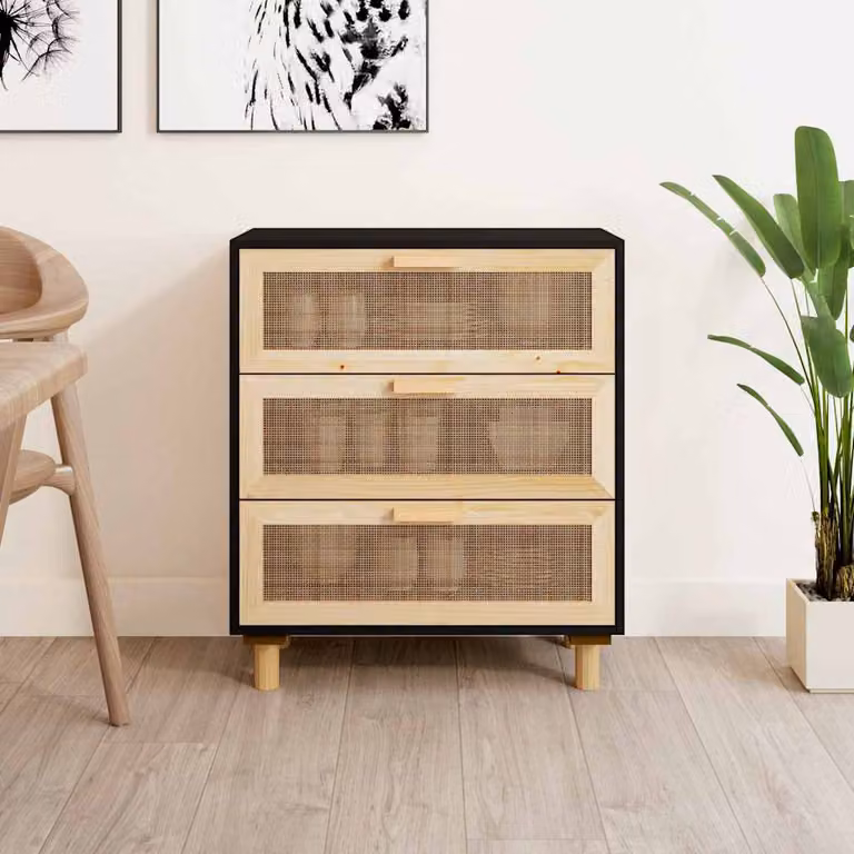 vidaXL Credenza Nera in Legno di Pino Massello e Rattan Naturale L/P/H: 60 x 30 x 70 cm