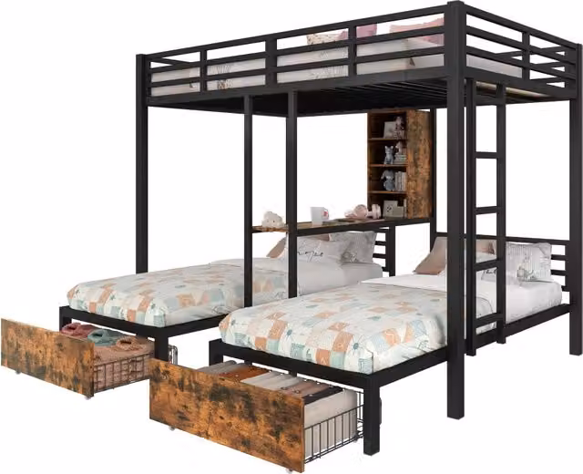 Letto a castello REDOM nero con 2 cassetti per 3 persone, dimensioni L/P/H: 140 x 200 + 90 x 200 cm