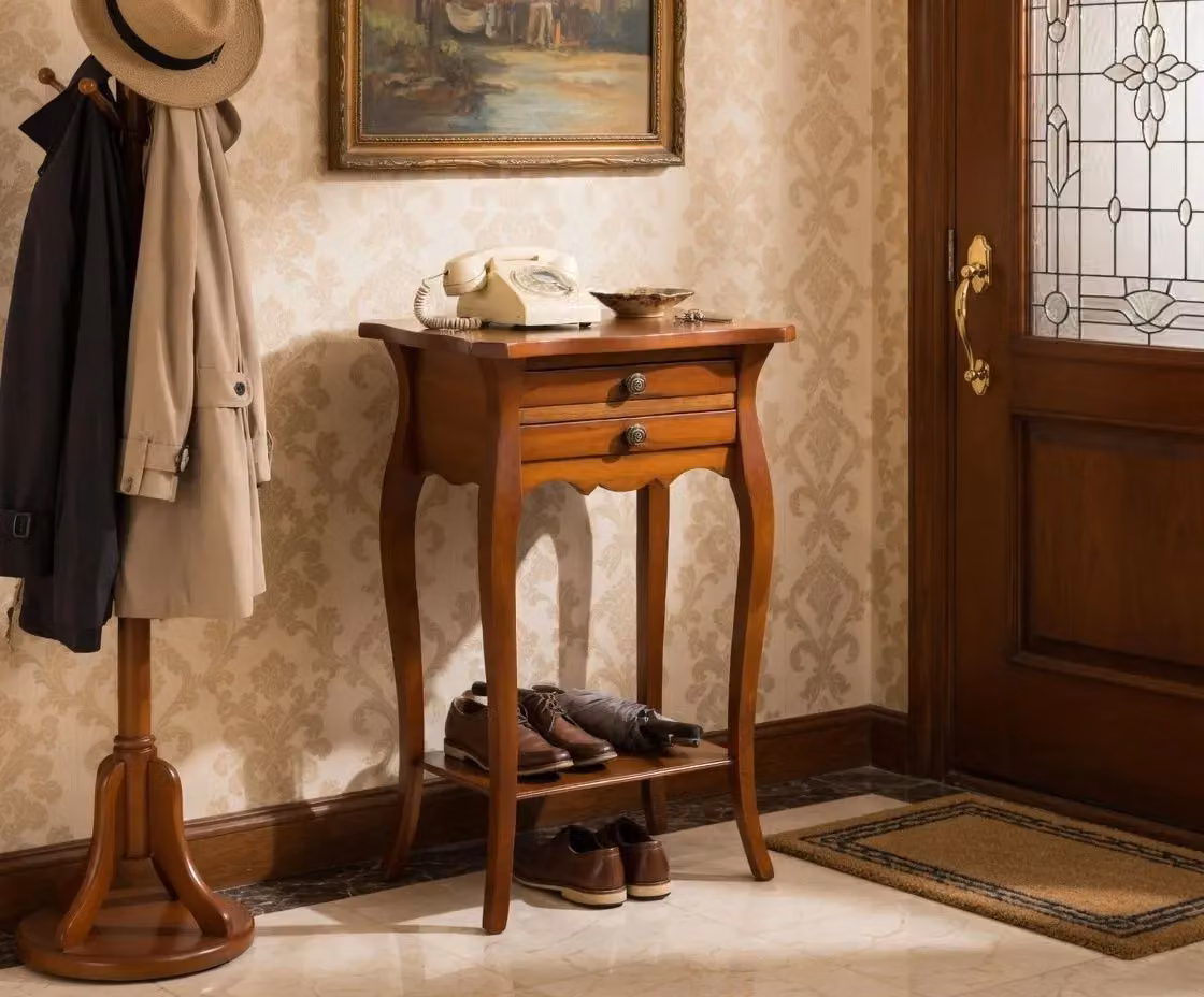 Comodino Mobili 2G in legno con 2 cassetti e porta telefono, colore marrone, L: 45 cm, P: 35 cm, H: 70 cm – 1