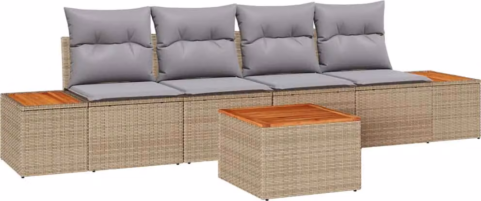 Set Divano da Giardino con cuscino 5 pcs Beige Poly Rattan