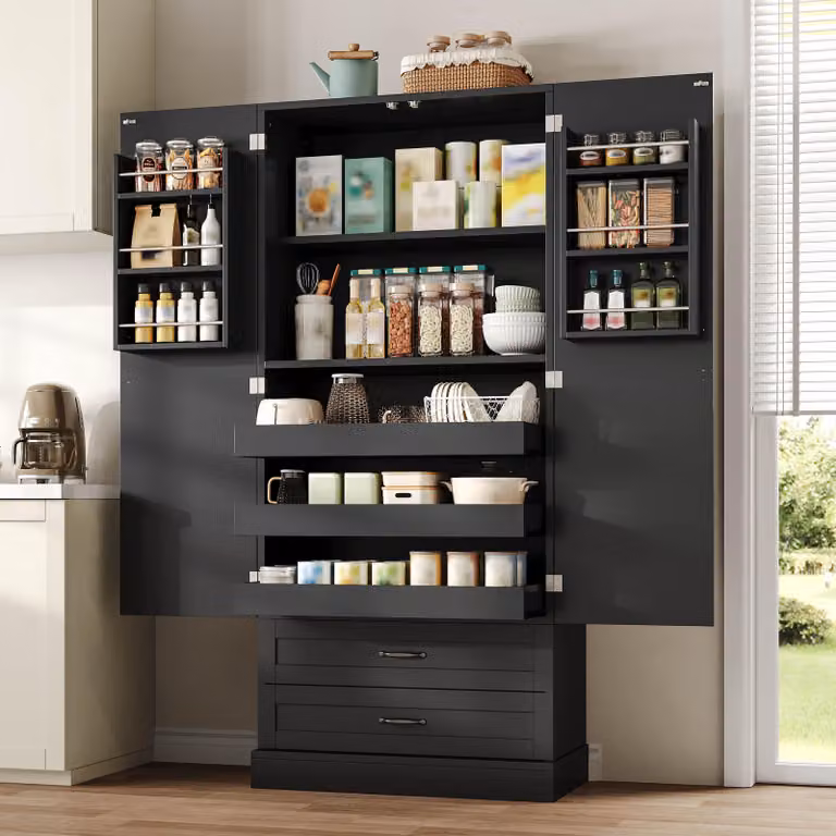 Mobiletto da cucina nero Flieks, 180 cm, con 3 ripiani estraibili e cassetti, armadietto alto a doppia porta con ripiani interni, ideale per cucina, sala da pranzo, soggiorno o come mobiletto contenitore