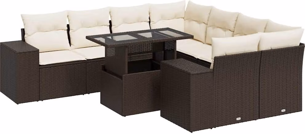 Set Divani da Giardino 9pz con Cuscini Marrone in Polyrattan