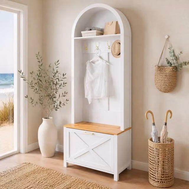 Appendiabiti con Scarpiera e Ripiano in MDF, 195x75x35 cm, Colore Legno e Bianco, Piedini in Ferro, per Ingresso