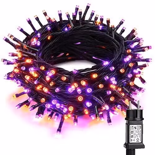 Catena luminosa da 20 metri, con 200 LED, color lilla/arancione, 8 modalità, impermeabile