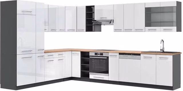 Cucina angolare moderna Vicco Fame-Line Bianco lucido/Antracite/Rovere, L: 347 cm, P: 257 cm