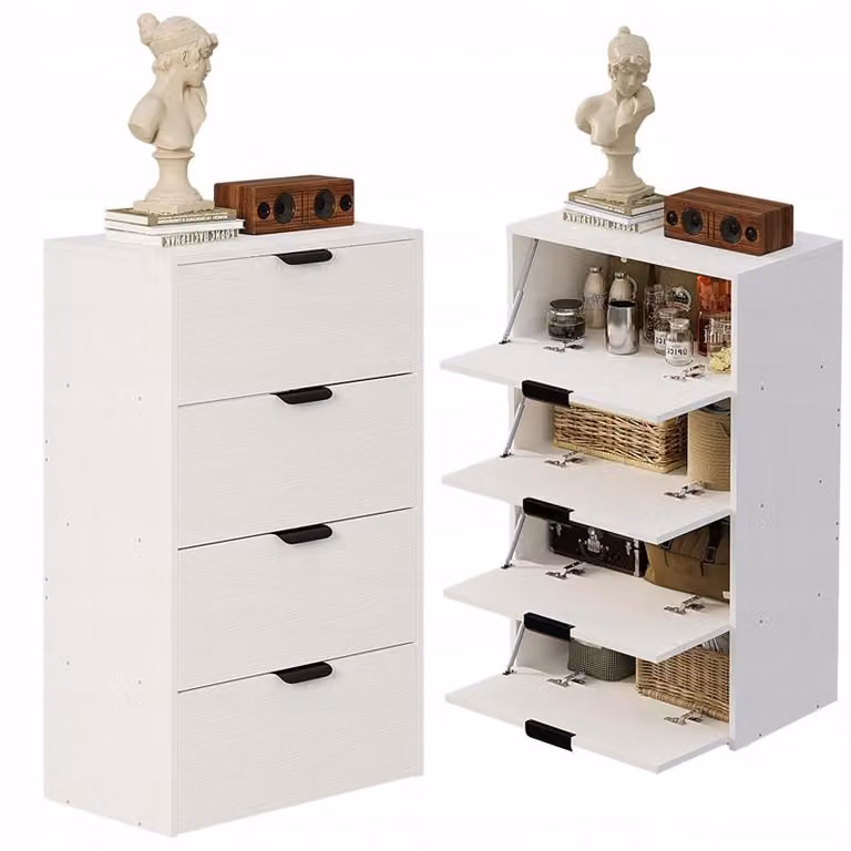 Libreria chiusa, cassettiera, mobile con 4 ripiani, stile loft moderno, bianco, alto, per il soggiorno