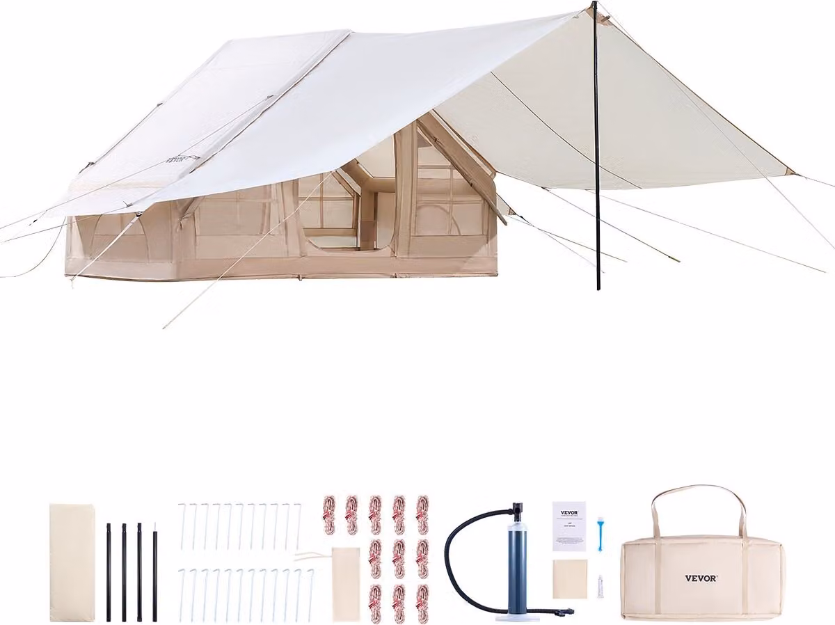 Tende gonfiabili per il campeggio 3x2x2 m, 3-5 persone, tenda glamping 4 stagioni in Oxford 300D con tettuccio, pompa a mano, attacco per il forno, 2 porte e 2 finestre a rete (borsa portaoggetti inclusa)