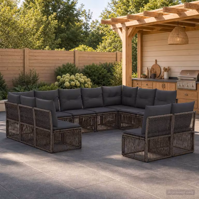 Set Divano da Giardino vidaXL 11 pz Grigio in Polyrattan con Cuscini e Struttura in Acciaio