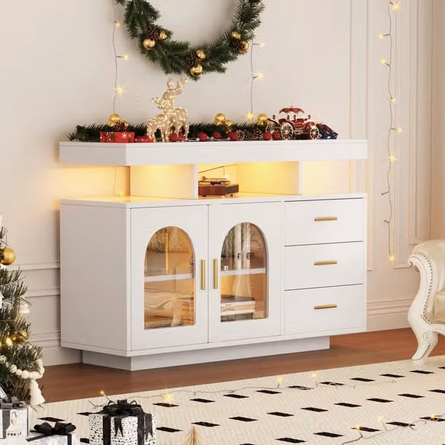 Credenza e madia OKWISH moderna con illuminazione LED, 3 cassetti, 2 ante e vani aperti, finitura bianca lucida, L 120 x P 40 x H 80 cm