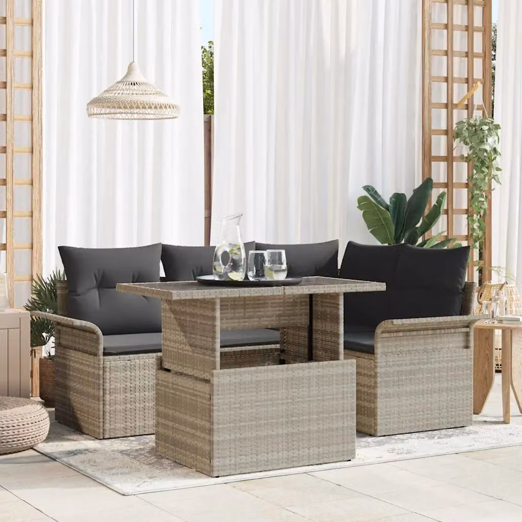 Set Divano da Giardino vidaXL a Forma di L in Polyrattan Grigio con Tavolino e Cuscini – 1
