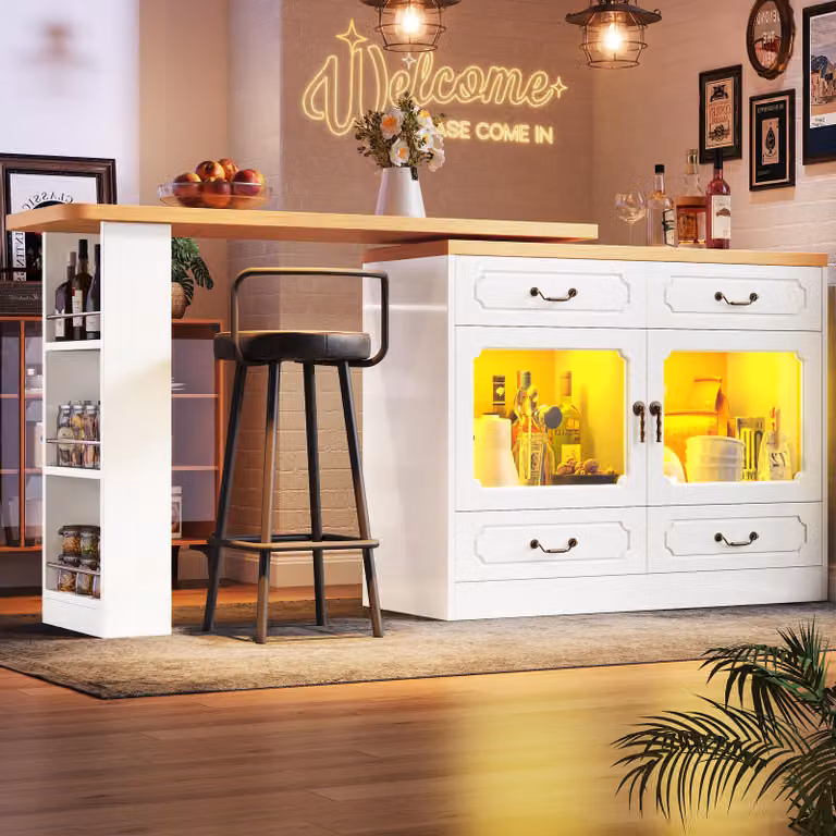Tavolo da bar Flieks girevole a 360°, tavolo da pranzo con led, tavolo da cucina con usb, riproduzione musicale e funzione microfono, 135-203x39x92,8 cm, bianco