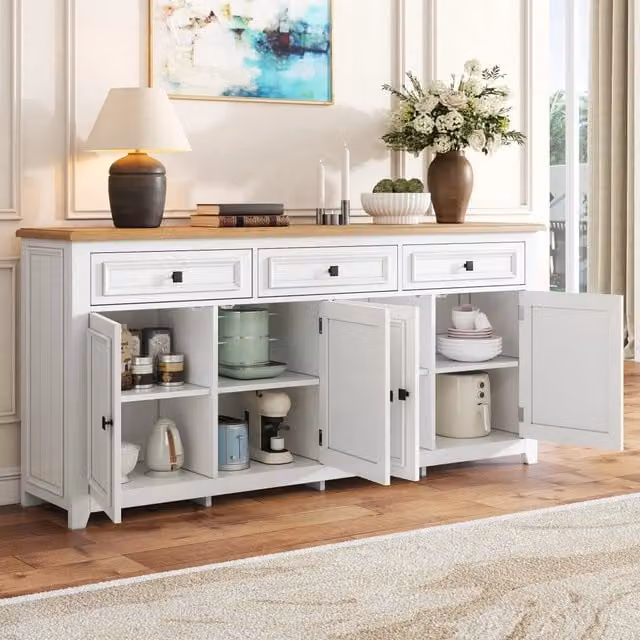 Desviae Credenza con 3 cassetti e 4 ante in MDF bianca effetto legno con ripiani regolabili per soggiorno 160 × 35 × 76 cm