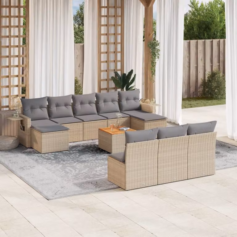Set di divani da giardino vidaXL 11 pz in polyrattan beige con cuscini e tavolino da esterno a forma di U