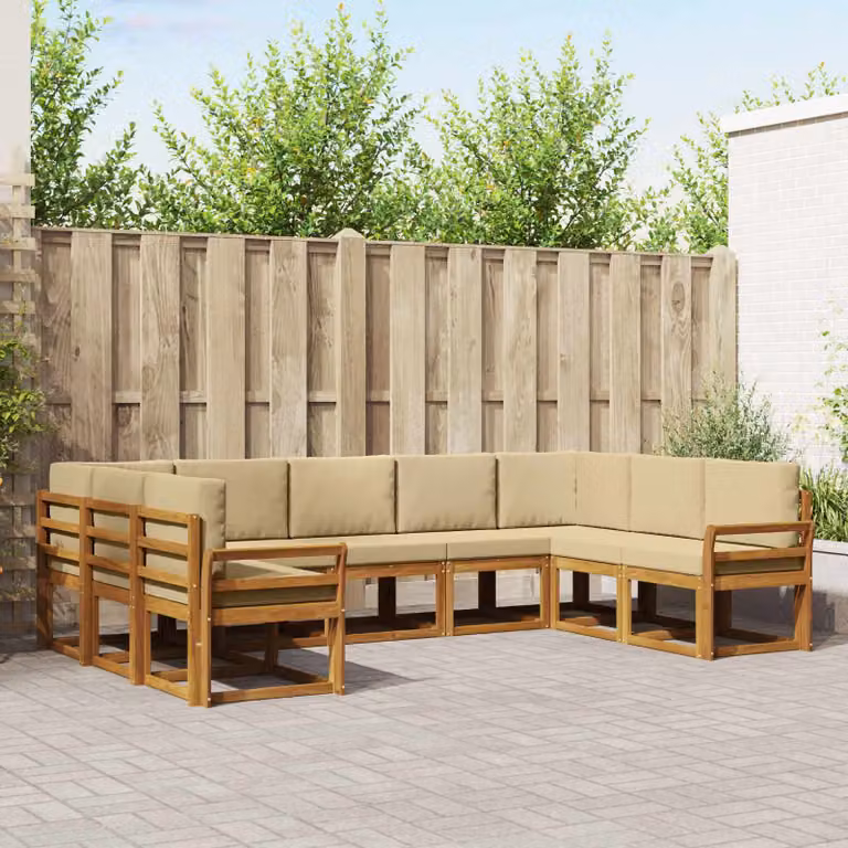 vidaXL Set di divani da esterno a L in legno di acacia con cuscini, 9 pezzi, Beige e Marrone